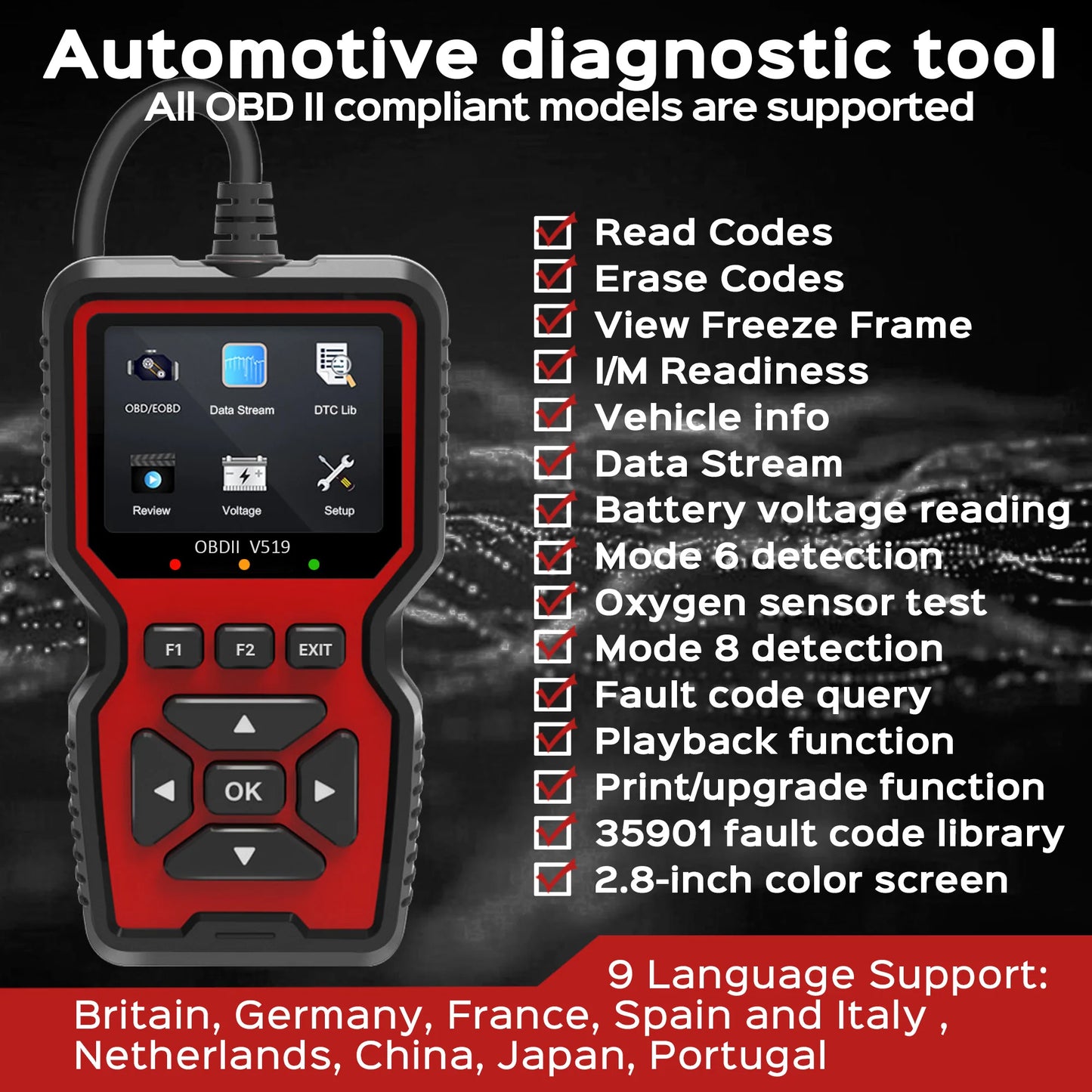 Escáner V519 OBD2, Mejorado con lector de códigos de fallo del motor, OBDII CAN, herramienta de escaneo de diagnóstico, comprobación de humo con un solo clic, búsqueda DTC.